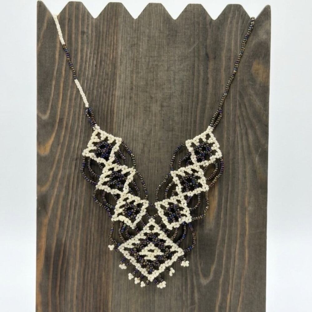 Handmade Iridescent Black & Ivory Seed Bead Statement Bib Necklace
